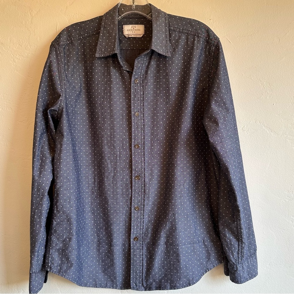 Your Neighbors chambray blue and white polka dot button down.